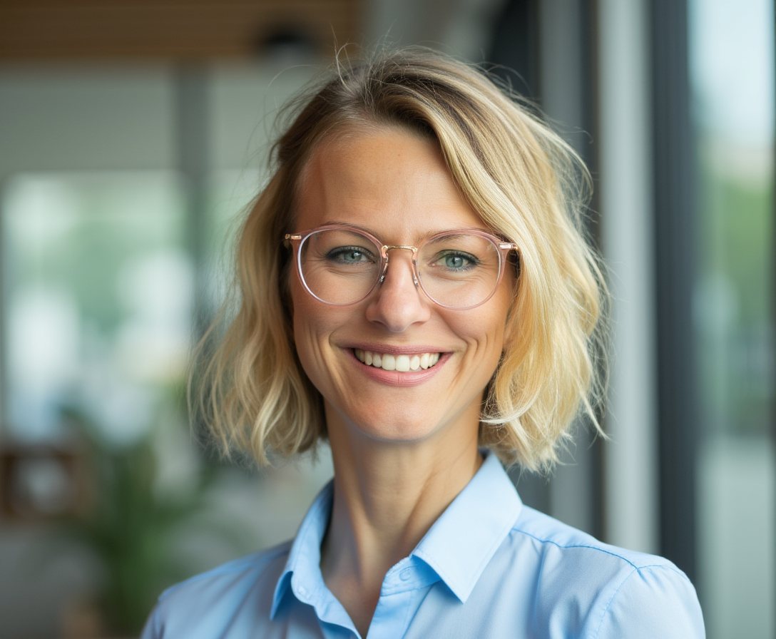 Yvonne Brinkhaus, Porträt in blauer Bluse